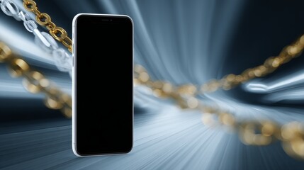 Aufkleber - Modern smartphone with blank screen surrounded by swirling digital tokens in gold and blue hues against sleek black background highlighting technology and finance