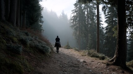Poster - Solitary rider on horseback traversing misty forest path with soft morning light filtering through dense trees
