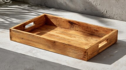 Poster - Rustic wooden tray with natural grain on white surface, medium shot, cozy handcrafted aesthetic, subtle textures highlighted by natural light, copy space on left side