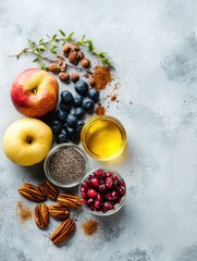 Aufkleber - Autumn Detox Smoothie Ingredients Including Apples, Blueberries, Nuts, and Spices on Light Background