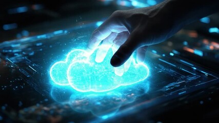 Poster - Hand interacting with a digital cloud graphic on a futuristic interface.