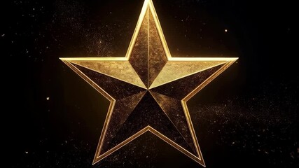 Poster - Golden shimmering star shape with five points on a black background adorned with tiny particles, sparkling abstract graphic element