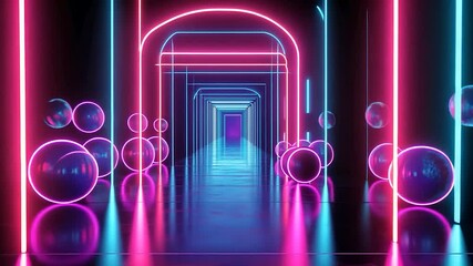 Poster - Neon tunnel with glowing spheres