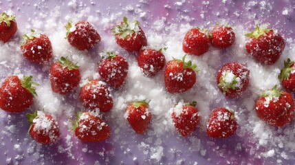 Aufkleber - Artistic overhead closeup of fresh strawberries with glistening moisture drops, vibrant red color contrasted against a soft purple background, evoking freshness and appeal with ample space for text