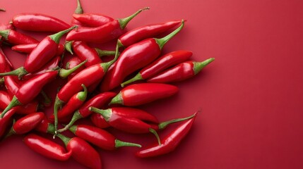 Poster - Vibrant red chili peppers stacked closely on glossy red background with copy space on right side for bold monochromatic visual