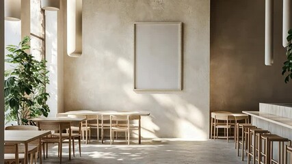 Aufkleber - Modern cafe interior with wooden furniture and blank poster