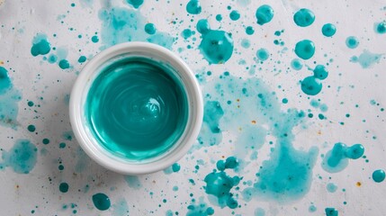 Aufkleber - Vibrant blue paint swirl in a white bowl surrounded by dynamic splatter patterns on a bright white surface, creating an energetic and artistic abstract composition with copy space