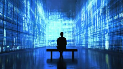 Poster - Silhouette of person sitting on bench in digital art gallery