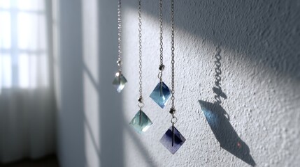 Aufkleber - Elegant hanging crystal prisms casting colorful rainbow light patterns on a white textured wall in morning sunlight with ample copy space on the right