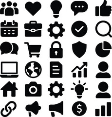 Set of black vector icons for web design including communication media and business symbols