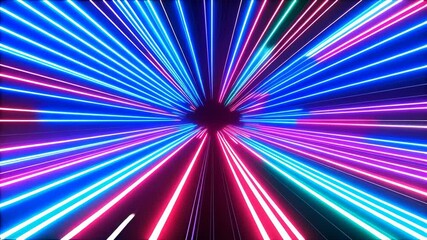 Poster - Abstract futuristic tunnel with glowing neon lines in blue, pink, and teal converging towards a central point on a dark background.