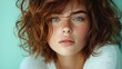 © Pinklife - A striking close-up portrait of a woman with curly hair and freckles, highlighting natural beauty and inviting a connection through expressive eyes and soft features.