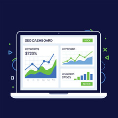 Poster - Seo dashboard on laptop screen showing growth charts and keywords data