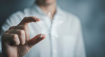 Wall Mural - Person Touching Holographic Star Representing Innovation And Future Technology With Bright Light And Neutral Background