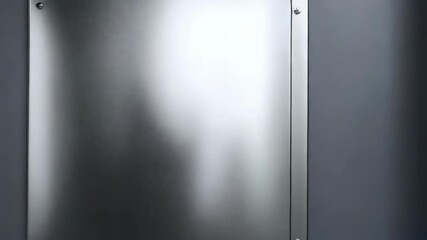 Poster - Close up of gray wall and a metal square plate attached with screws, part of black frame visible on right