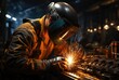 © Pinklife - A skilled welder diligently works on metal fabrication, capturing the contrast of bright sparks against a dark, industrial backdrop, representing craftsmanship and dedication to the trade.