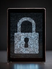 Poster - Data Lock Represented by Ones and Zeroes Displayed on a Sleek Tablet Interface in a Dark Environment