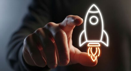 Wall Mural - Hand Touching Illuminated Rocket Icon Represents Concept Of Launching New Technology