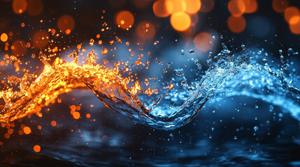 Poster - Abstract image showcasing a dynamic blend of blue and orange water splashes, creating a vibrant and energetic visual effect