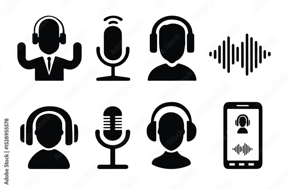8 Audio and Communication, Podcust Icons. Collection of black icons ...