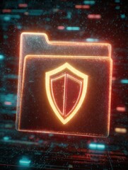 Poster - Glowing Encrypted Folder Icon With Shield Symbol in Dark Cyberspace Highlights Security and Data Protection