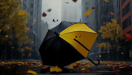 Wall Mural - A black and yellow umbrella lies abandoned on the wet sidewalk in front of a dark, cloudy city street surrounded by silent buildings and picturesque urban surroundings.