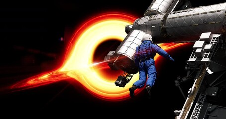 Wall Mural - stunning view of a black hole. astronaut on a space mission. technology related 3d animation.