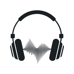 Poster - Black Headphones with Sound Wave Icon on White Background Music and Audio Concept Vector Illustration Minimalist Design