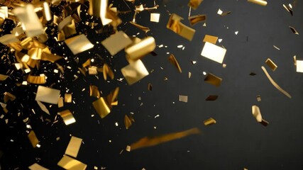 Poster - Golden confetti pieces falling against a dark background creating a festive and celebratory atmosphere perfect for events.