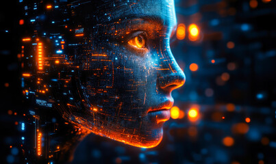 Aufkleber - Futuristic digital human face composed of glowing circuit board patterns and neon orange blue lights representing artificial intelligence technology concept closeup profile view
