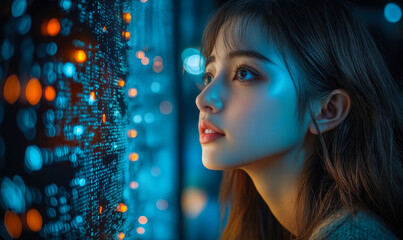 Poster - Young woman looking attentively at illuminated digital data screen with blue and orange cyber light reflections in dark environment closeup profile portrait technology concept