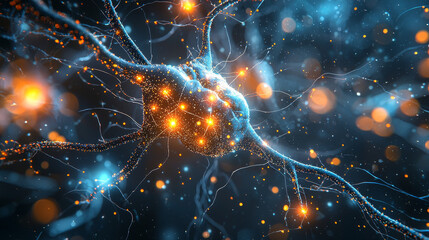 Poster - Colorful depiction of a neuron with illuminated synapses and dendrites, highlighting brain connectivity and complex neural activity on a dark backdrop