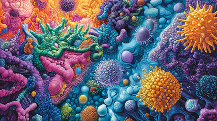 Poster - This vibrant illustration depicts the complex interaction between various pathogens and the multiple layers of human skin