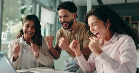 Poster - Business, celebration and excited people with laptop for funding approval, team success or applause. Finance office, victory fist and employees with high five for sales target, achievement or support