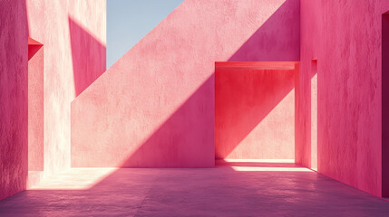 Poster - A minimalist pink geometric structure with soft shadows, creating a modern abstract scene of sunlight and simplicity