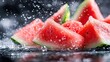 © Pinklife - Bright red watermelon slices splash into a stream of water, capturing their refreshingly juicy quality and the vibrancy of summer, delighting the senses with their explosive imagery.