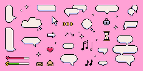 Poster - Pixel art speech bubble collection on pink background - retro game dialog boxes, chat balloons, message clouds with arrows, hearts, music notes, hourglass icons. 8 bit style communication elements.