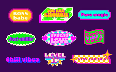 Poster - Trendy y2k sticker collection with phrases and retro shape designs. Vibrant neon colors, star bursts and checkered patterns borders. 90s aesthetic labels with bold typography for nostalgic decoration.