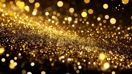 Poster - Elegant abstract background featuring shimmering golden glitter dust and soft focus bokeh lights on a dark backdrop, for a festive celebration.