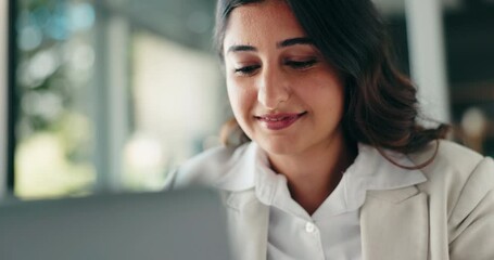 Poster - Business, woman or reading on laptop in office for blog research, creative inspiration or editing. Media agency, writer or happy with editor feedback, proofreading and article insight for publication