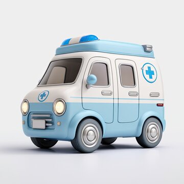 Cute cartoon ambulance.  A light blue and white, stylized, vintage-style ambulance.  Features cartoonish design elements, simple shapes, and a classic look