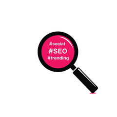 - Magnifying glass with social media seo and trending hashtags
