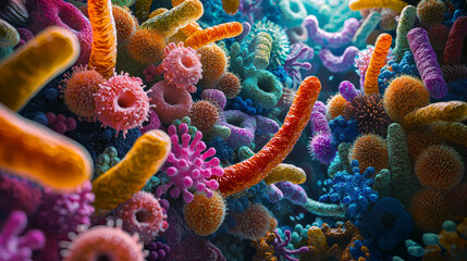 Poster - This image artistically represents a vibrant and diverse microbial ecosystem, a metaphor for the complex gut flora within the human body