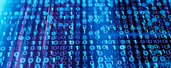 Poster - Binary digits closeup glowing on blue background, digital data, information security, modern technology concept, artificial intelligence, computer code, future innovation
