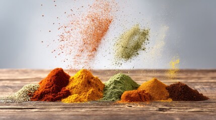 Colorful piles of powdered spices exploding on rustic wood background including turmeric, paprika, herbs, curry in motion, natural warm light