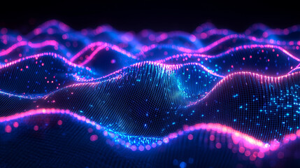 Poster - Neon blue and purple waves flow across a digital landscape, with a 3D grid-like surface adding depth and creating a dynamic, futuristic effect