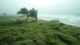 An atmospheric seascape showing strong winds bending grass and trees before a storm, evoking feelings of nature's power and the beauty of wild environments.