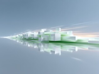 Aufkleber - Abstract Motion Blur of White Cubes with Green Accents on a Soft Reflective Surface