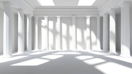 Poster - A spacious, empty room with white walls and tall columns. Natural light streams through the windows, creating shadows on the floor.