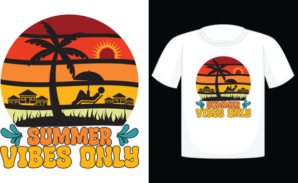 Summer Vibes Only T-shirt, summer, vector, sun, design, beach, sea, horizontal, palm tree, fun, retro, travel, sunlight, t-shirt, vintage, sunset